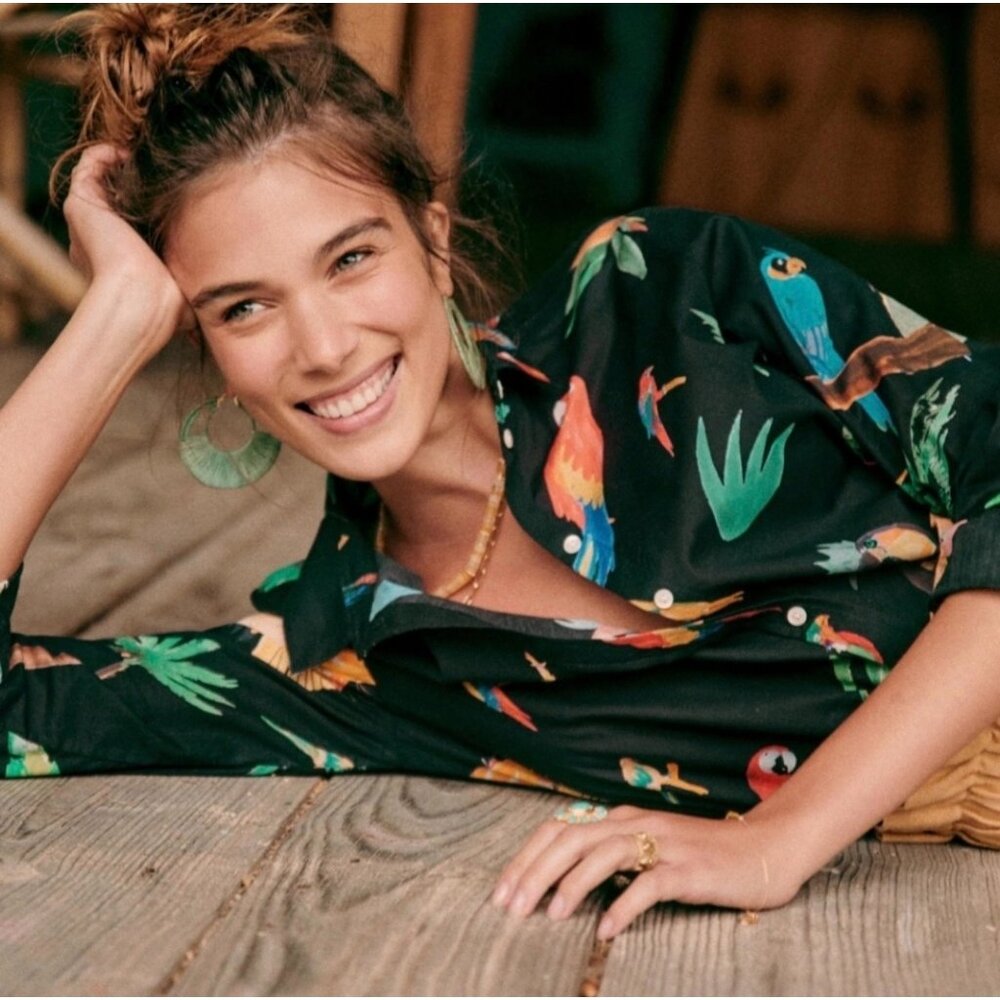Sezane x G.Kero Pierro Black Jungle Parrot Silk Blened Blouse FR 46/US 14 - Picture 2 of 16